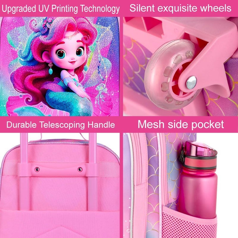 FTJCF Store 2PCS Girls Suitcase Set, 18" Kids Mermaid Carry on Luggage with Wheels, Cute Travel Rolling with 12" Toddler Backpack(Pink) - Image 5